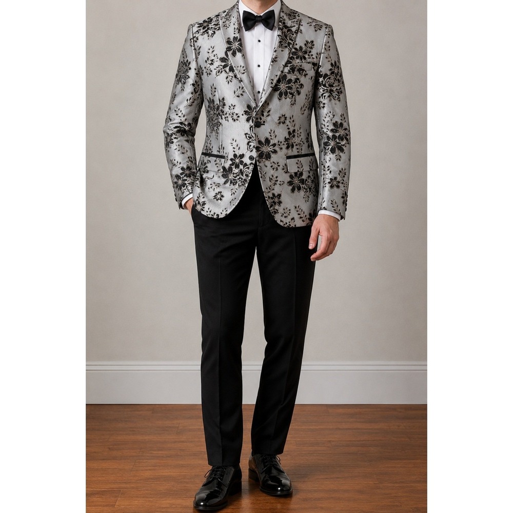 Floral Brocade Blazer Men 36R Cream Black Jacquard Prom Event Old Money Party